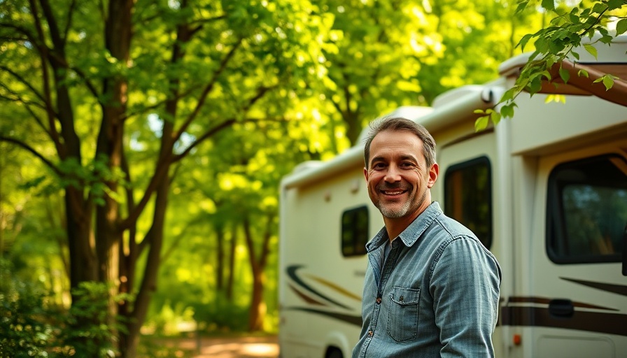 Man enjoying RV travel at a green campsite, smiling outdoors.