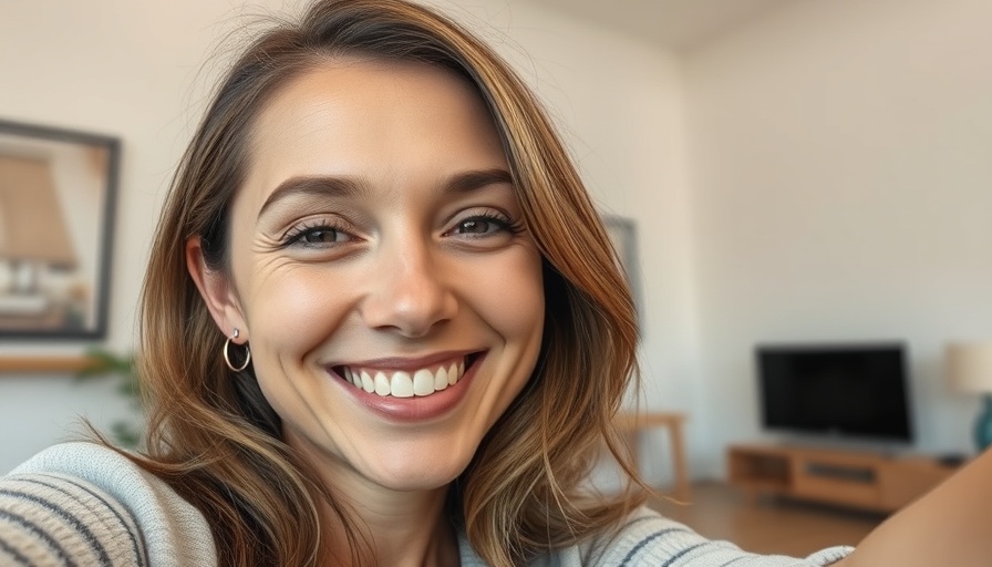 Smiling woman capturing a selfie indoors, conveying positivity.