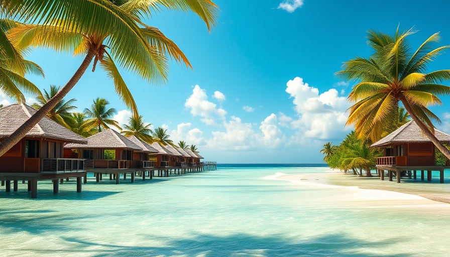 Virtual Travel Inspiration: Scenic Caribbean beach with bungalows and palm trees.