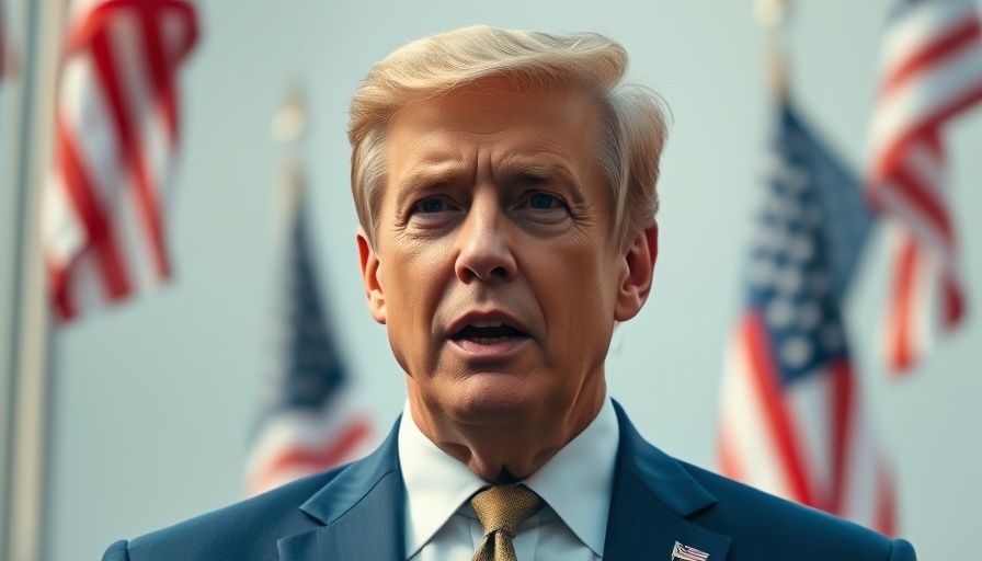 Man in blue suit speaks against backdrop of American flags.