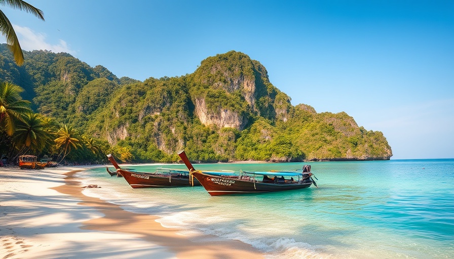 Stunning Krabi beach with long-tail boats and palm trees.