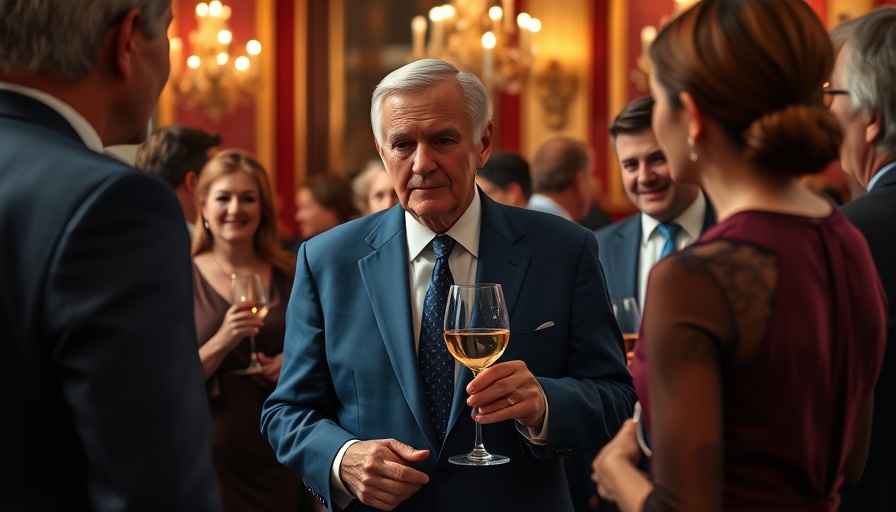 Elegant event with older man in suit engaging with group, King Charles III Cancer Journey