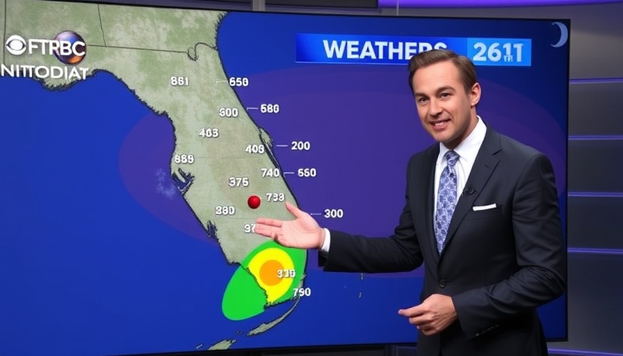 Weather presenter discussing South Florida weather forecast in studio.