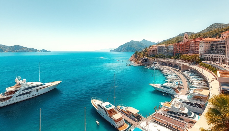 Scenic view of Monaco's luxurious marina with yachts, coastal buildings.