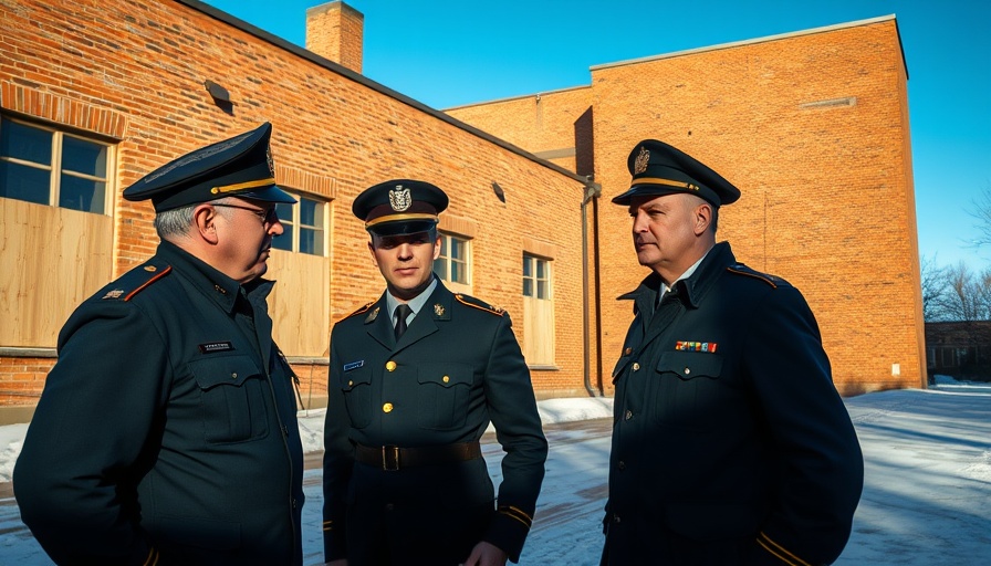 Officers discuss outside a brick building with boarded windows related to Trump administration immigration enforcement lawsuit.