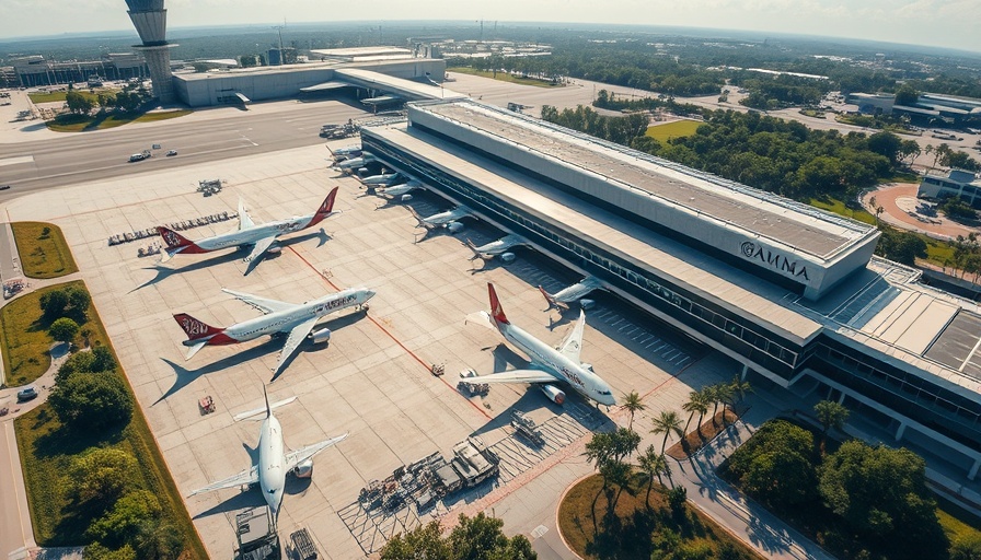 Aerial view of Tampa Airport passenger drop with planes and terminals.