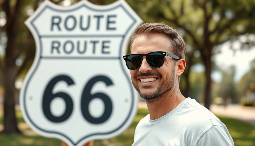 Man in sunglasses smiling by Route 66 sign, RV Travel theme.