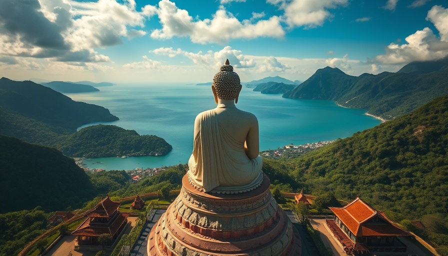 Phuket travel inspiration with Buddha statue and sea.