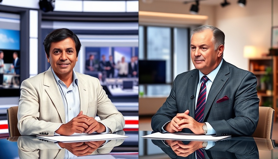 Two anchors discuss the value of public broadcasting on a split-screen.