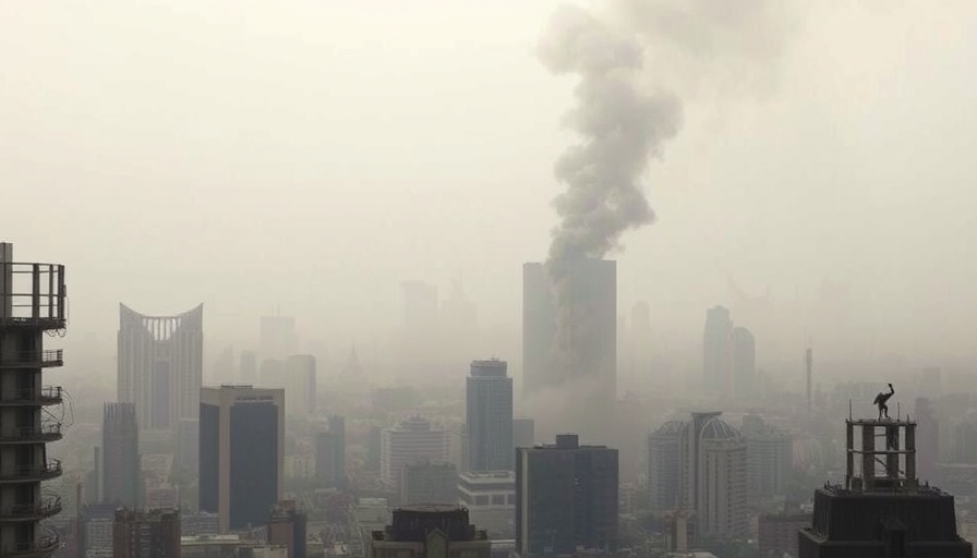Hazy city with smoke rising, illustrating a missile strike in Israel.