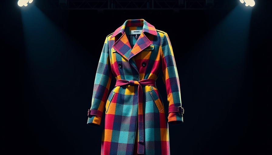 Vibrant plaid trench coat display at 2025 Met Gala exhibit.