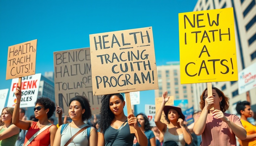Protestors at health tracking programs cuts rally holding signs.