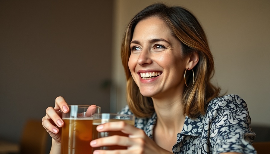 Woman smiling over a drink, related to Miami BBQ and Puerto Rican Cuisine.