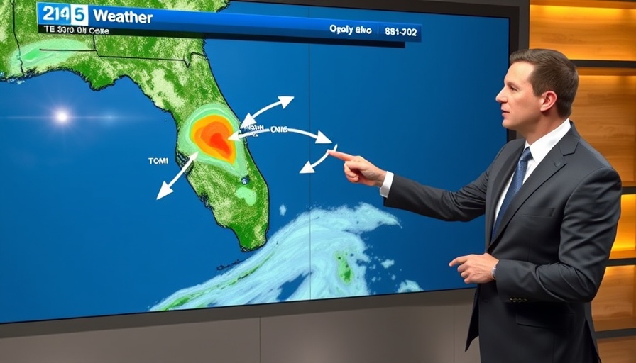 Presenter discusses Florida weather forecast with digital map.