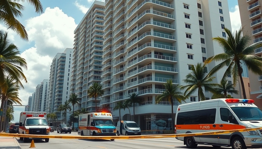 Evacuation scene at Florida condos with emergency vehicles.