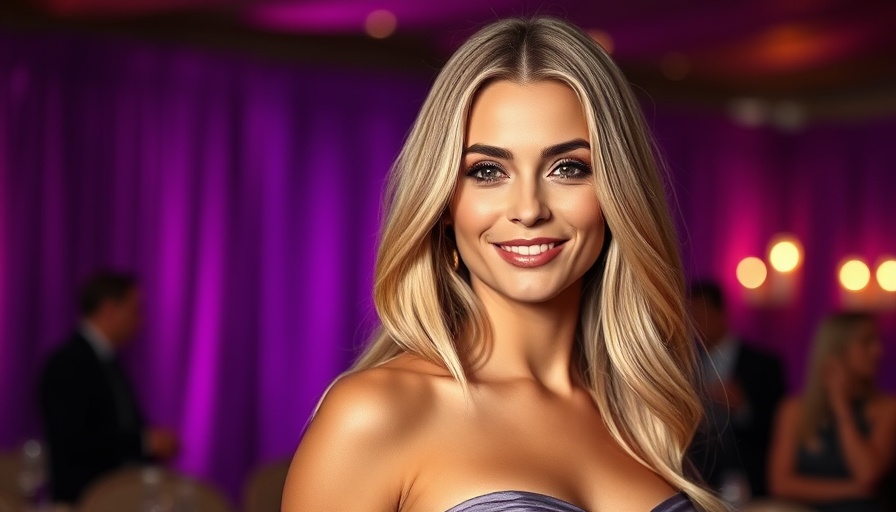 Elegant woman at event, smiling subtly in strapless dress, warm lighting.