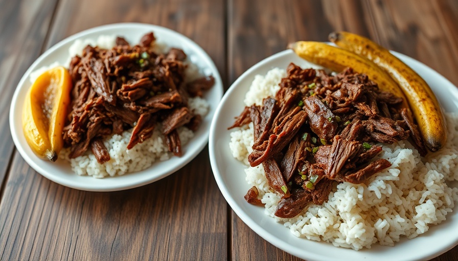 Cuban restaurant dish with beef, plantains, and rice in Coral Gables.