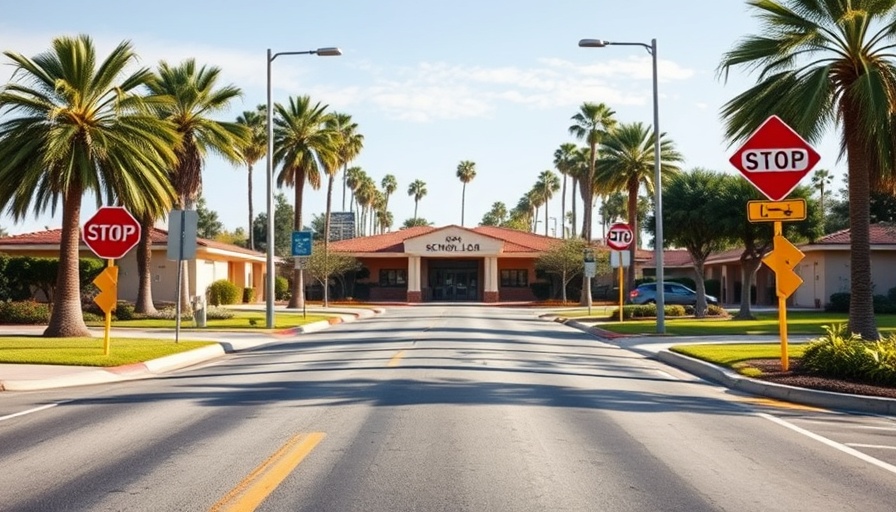 Palm Bay school zone with traffic sign and entrance.