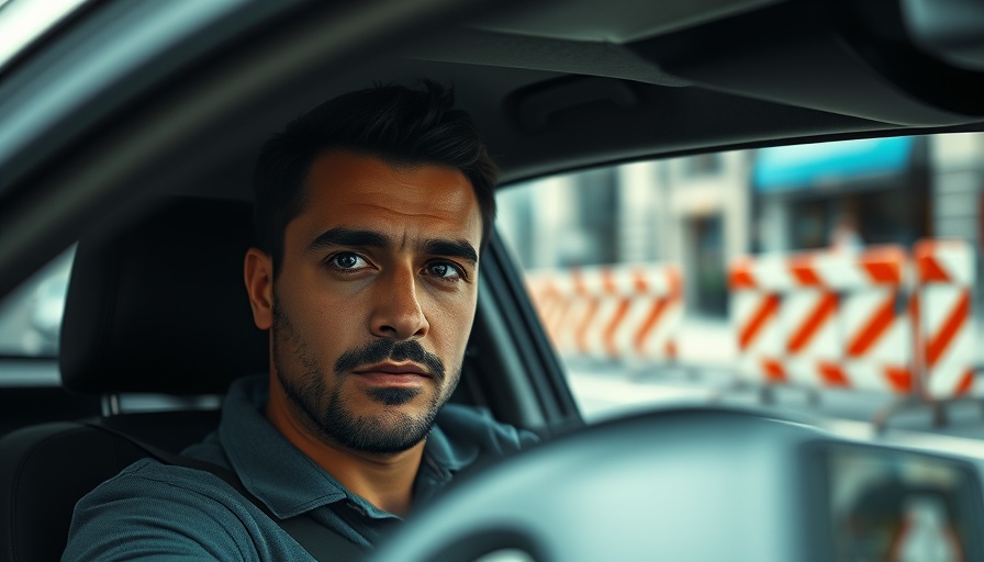 Breaking News: Man in car with focused expression, urban setting.