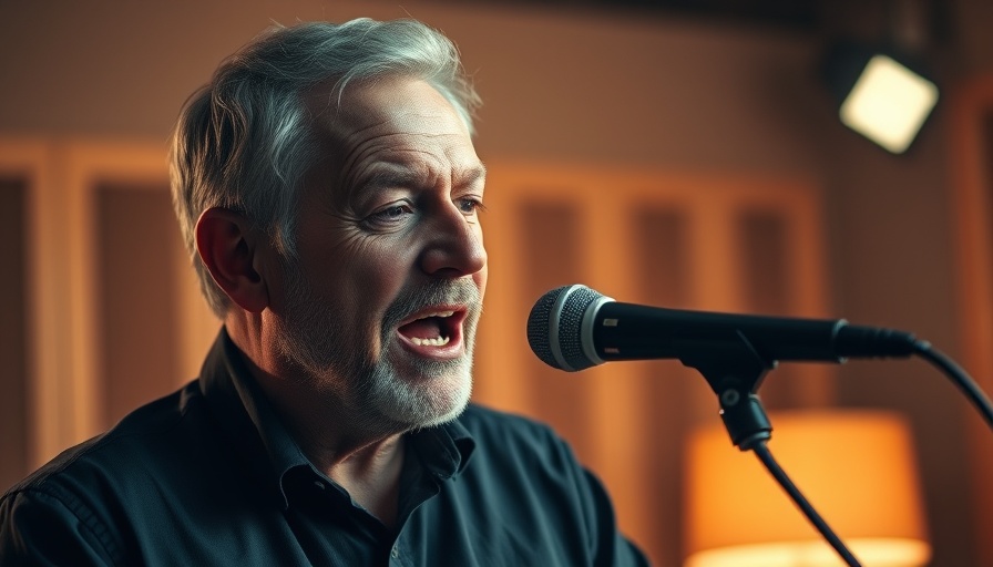Middle-aged man speaking passionately into a microphone, Courage to Take Action.