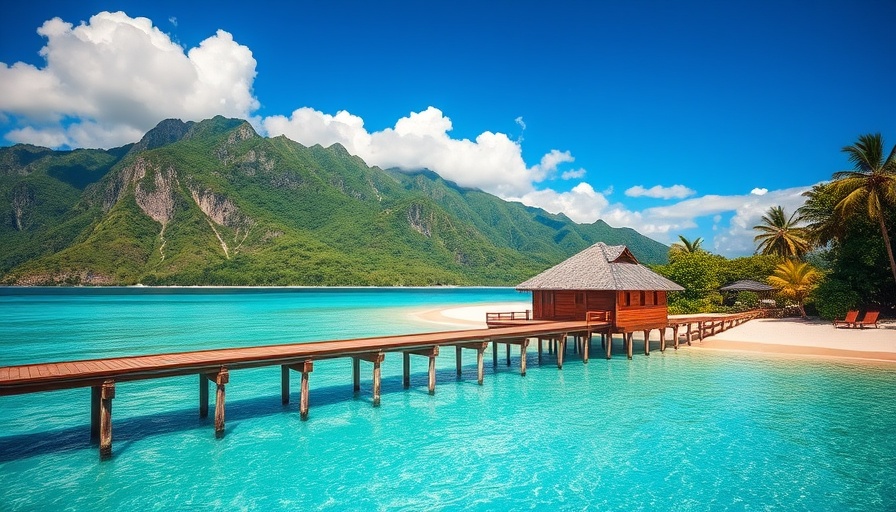 Stunning tropical coastline with clear waters and mountain views.