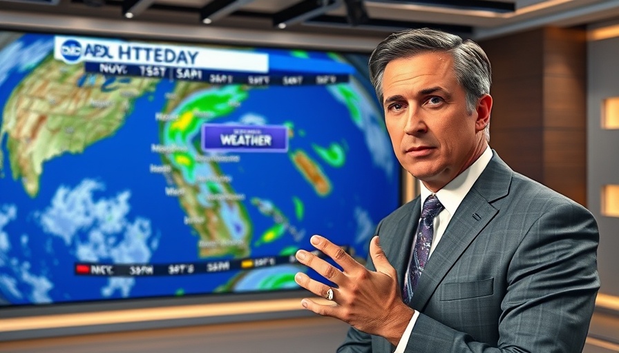 Weather Updates Flooding Threat: Newscaster analyzing storm patterns on live radar map.