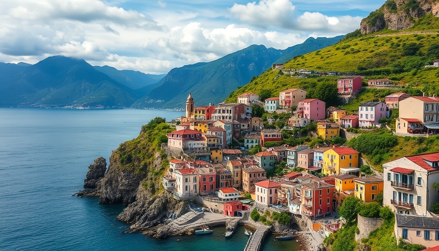 Scenic Views of a vibrant coastal village with colorful homes and mountains.