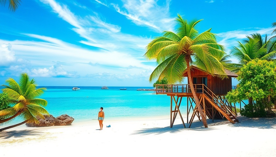 Scenic tropical paradise Bali beach with treehouse and blue sea.