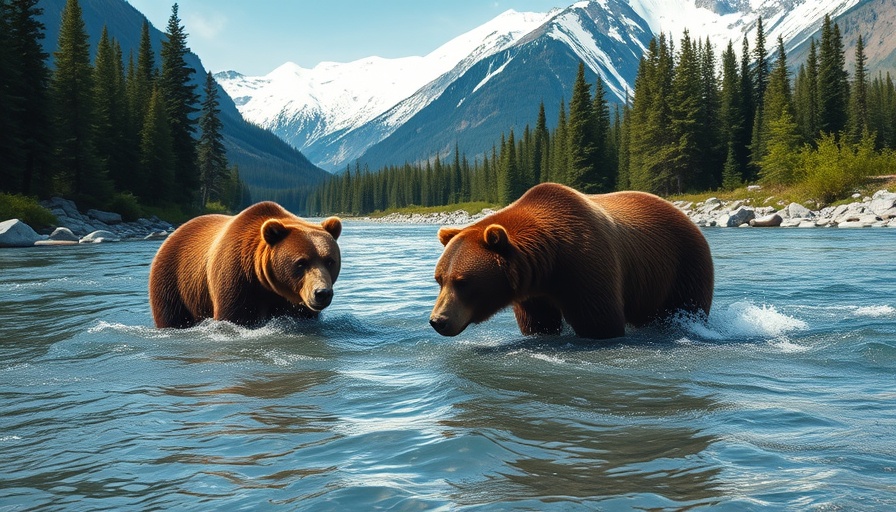 Alaska scenic views with bears in river and mountain backdrop