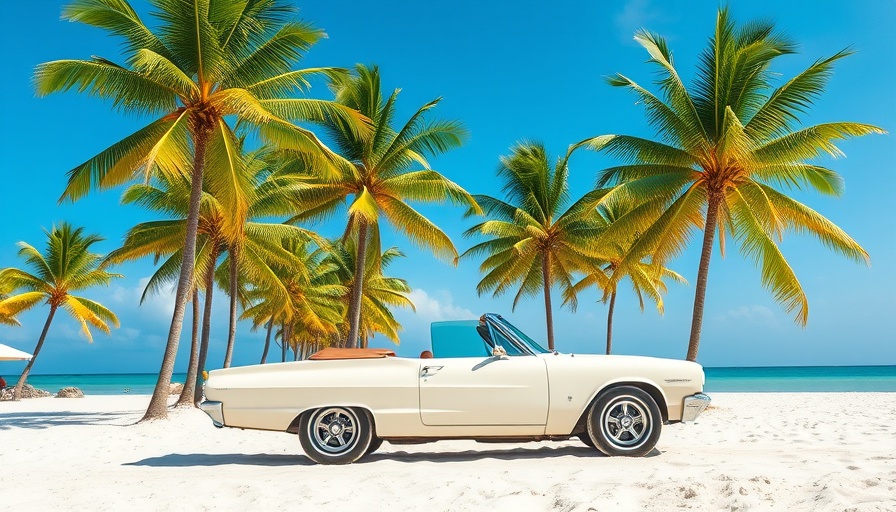 Classic convertible on a Florida beach with palm trees.