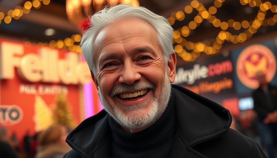 Cheerful older man smiling at event with logos in background.