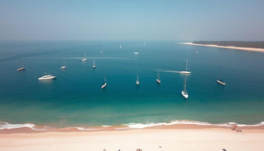 Aerial view of Beer Can Island beach with boats and people enjoying the shoreline.