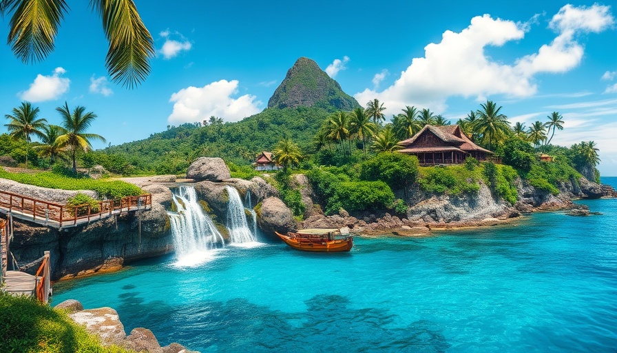 Tropical island paradise with huts and waterfalls, travel destinations