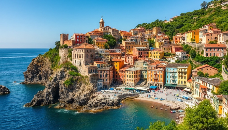 Scenic views of a coastal village with colorful buildings.