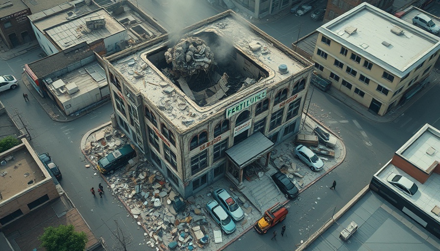 Aerial view of California fertility clinic explosion scene with responders.