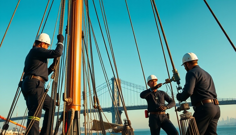 Mexican sailors working on tall ship masts near Brooklyn Bridge.