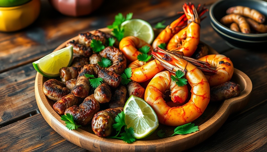 Authentic Salvadorian cuisine platter with meats and shrimp.