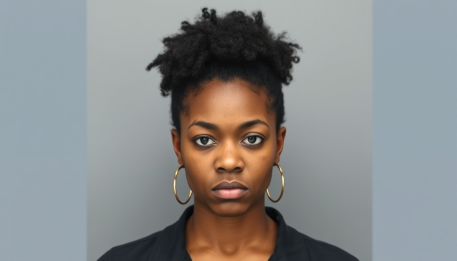 Mugshot-style photo of a woman with afro hair, serious expression.