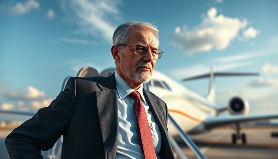 Older man in suit exiting airplane, blue sky background.