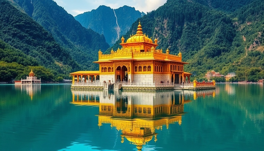 Scenic views of a golden temple amid turquoise waters and mountains.