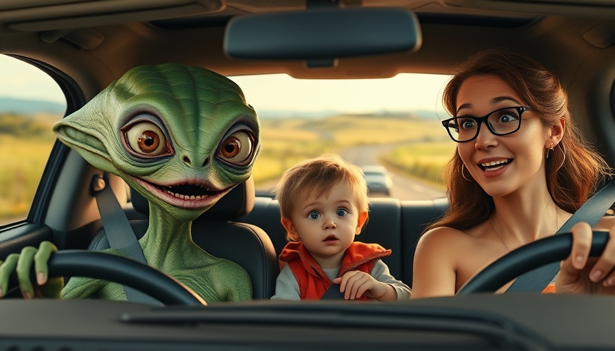 Animated alien with people in car during scenic drive on Memorial Day.