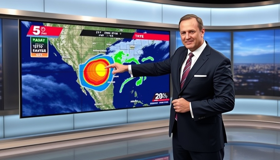 Weather reporter discussing storm patterns on a digital map.