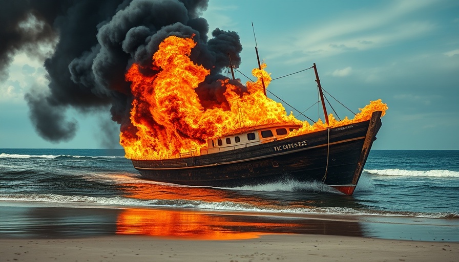 Boat on fire near Port Everglades with thick smoke.