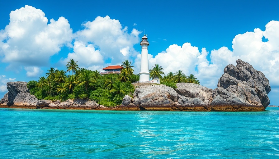 Scenic views of Belitung with lighthouse and palm trees.