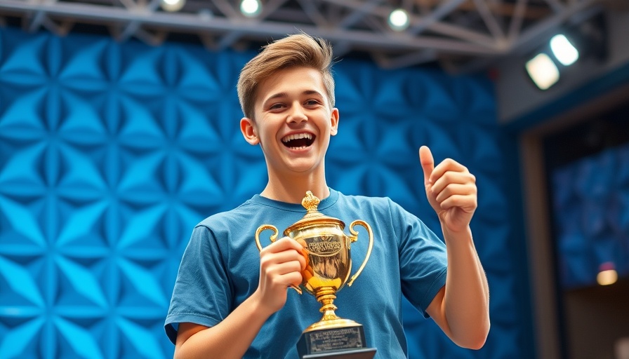 Scripps National Spelling Bee champion holding trophy, smiling warmly on stage.