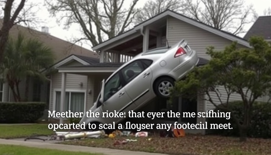Car crashes into building roof in suburban area, text overlay.