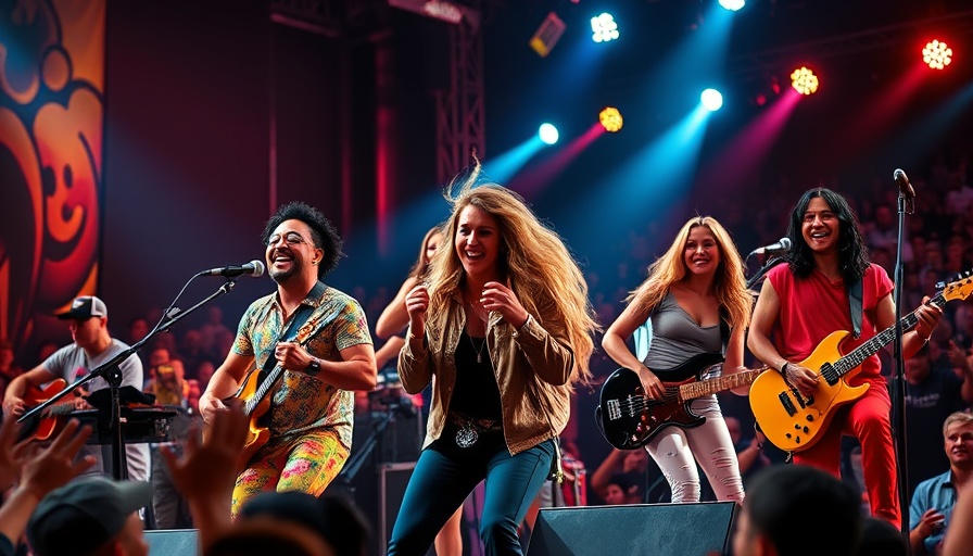 Grupo Firme performing energetically on stage, vibrant concert scene.