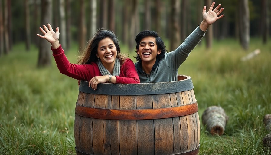 Individuals in a novelty barrel in a forest setting, Orange County.