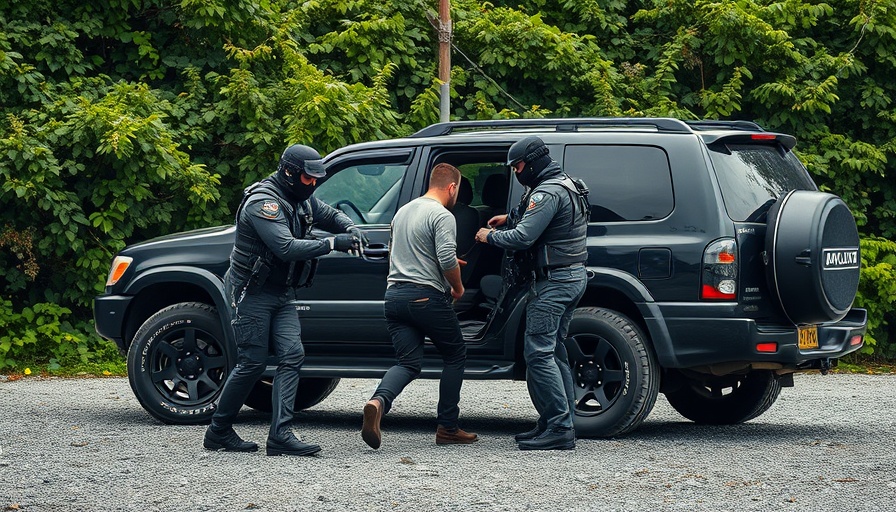 Masked agents detain gardener beside SUV in outdoor setting