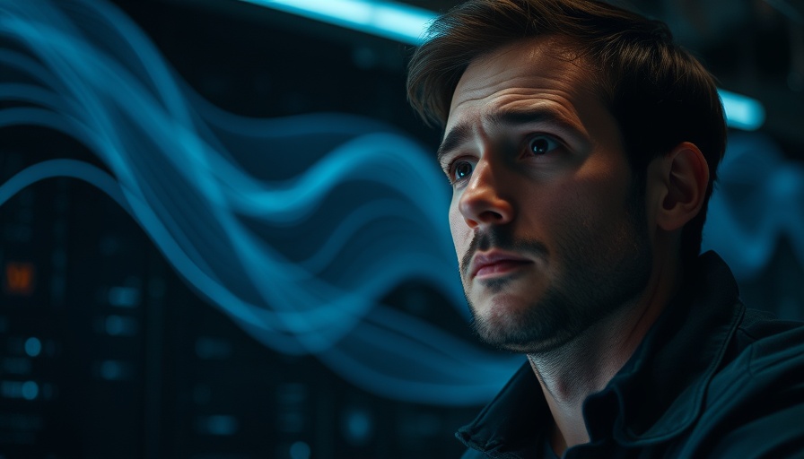 Focused man thinking with digital waves, highlighting productivity.